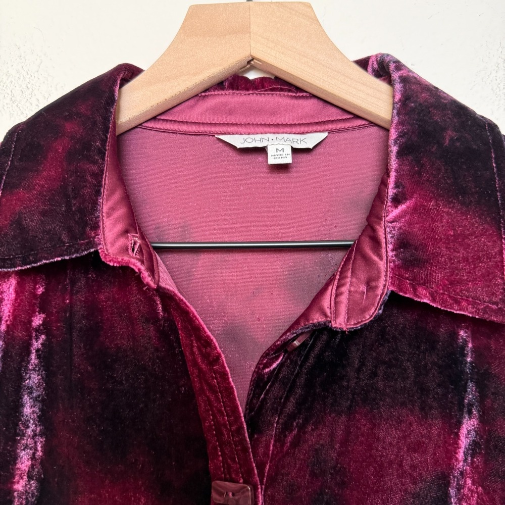 John Mark Women Burnout Velvet Button‎ Front Top Medium Burgundy Lagenlook Tunic - Picture 2 of 10